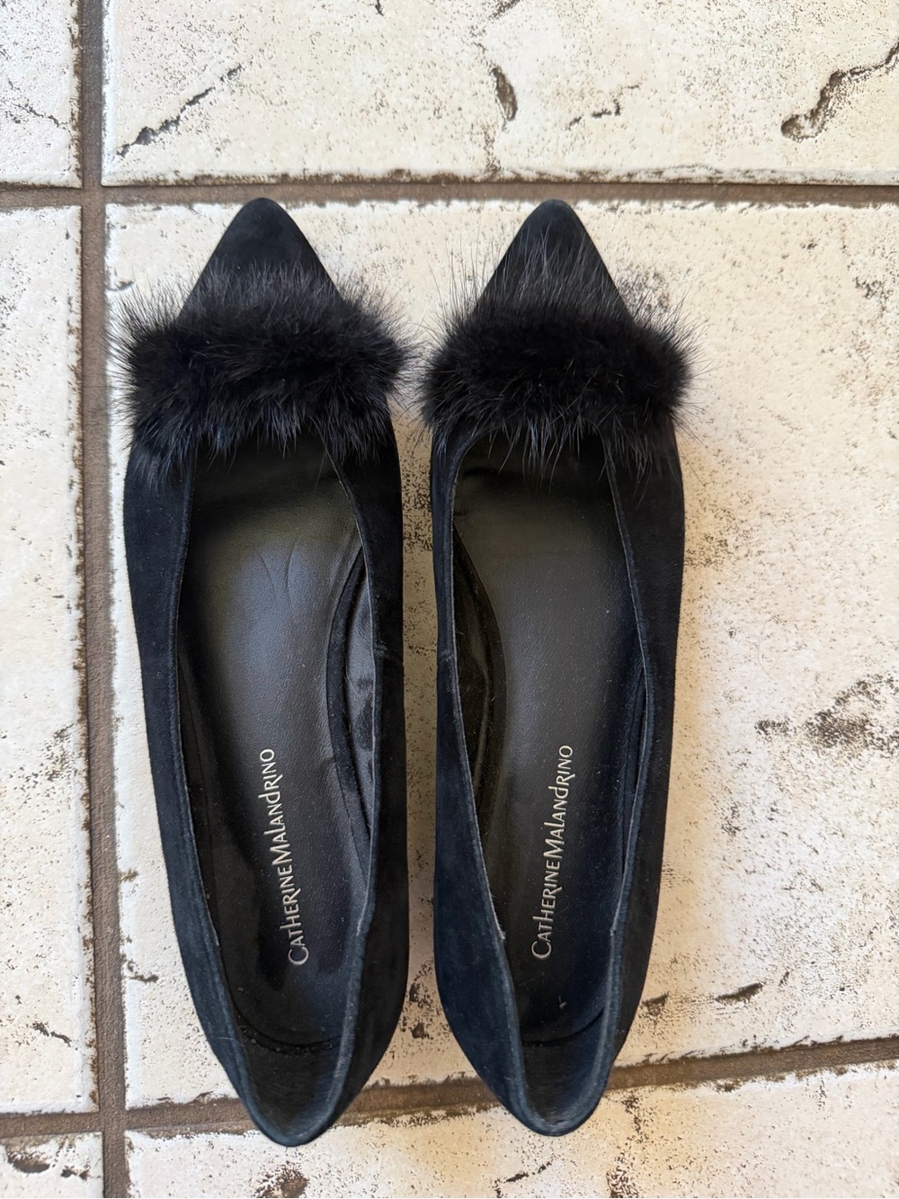 Catherine Malandrino Black Suede Pointed Flats with Fur Accent